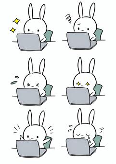うさぎ/パソコン/お仕事アイコンセット うさぎ,動物,仕事,パソコン,労働,喜ぶ,困る,泣く,シンプルのイラスト素材
