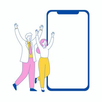 スマホ横で喜ぶビジネス男女 スマホ横で喜ぶビジネス男女 人物,スマホ,男性,女性,笑顔,喜び,スーツ,デバイス,通信,情報のイラスト素材