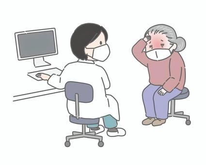熱がある高齢女性の患者と医師の診察 診察,発熱,医師,患者,診察室,体調不良,病気,シニア,高齢者,女性のイラスト素材