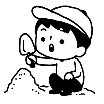 砂遊びを楽しむ子ども こども,子ども,砂,砂場,砂遊び,シャベル,スコップ,笑顔,帽子,砂山のイラスト素材