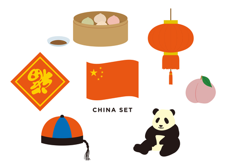 中国　イラストセット 中国,国旗,小籠包,飲茶,帽子,倒福,桃,パンダ,提灯,旅行のイラスト素材