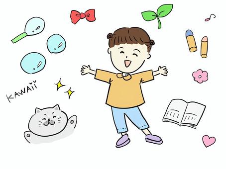 かわいい子どもと猫と飾り 子ども,猫,幼稚園,園児,クレヨン,シャボン玉,リボン,芽,花,かわいいのイラスト素材