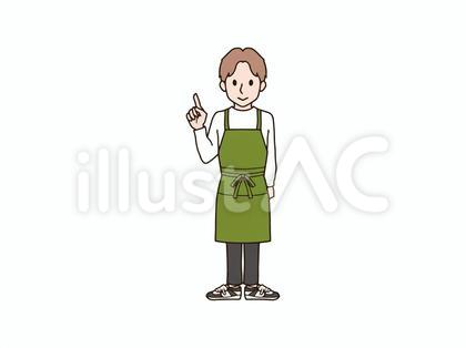 片手で指差すエプロンの男性_green