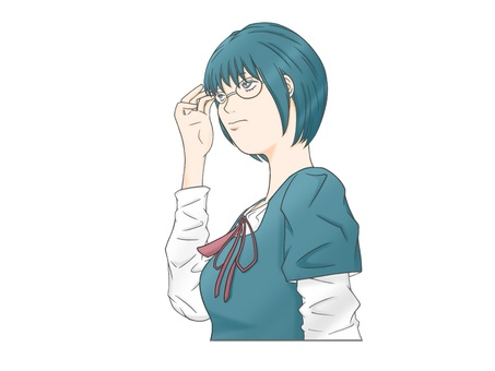 眼鏡をかけたショートヘアーのお洒落な女性 地味,眼鏡,萌え系,ショートヘアー,女性,手書き,可愛い,美人,お洒落,自然体のイラスト素材