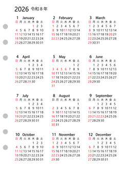 A5リフィル 2026 日曜始 右 カレンダー,a5サイズ,リフィル,システム手帳,日曜始り,2026年,2026,令和8年,8,祝日のイラスト素材