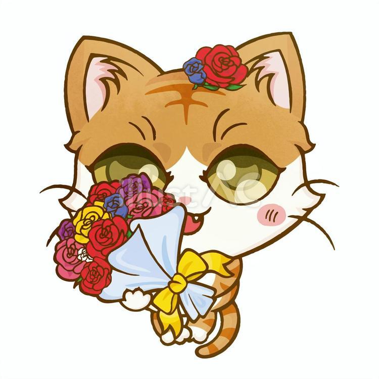 薔薇の花束と茶白柄猫 花束,猫,全身のイラスト素材