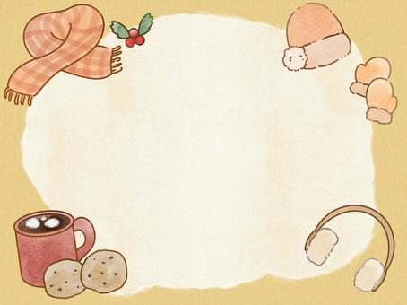 あったかフレーム 秋,あったか,水彩風,ニット帽,マフラー,手袋,耳当て,ココアのイラスト素材