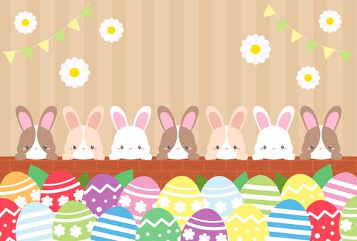 イースターエッグとうさぎと花のイラスト イースター,春,イースターエッグ,うさぎ,花,ガーランド,かわいい,おしゃれ,イラスト,素材のイラスト素材