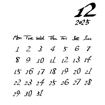2025.12月カレンダー カレンダー,2025,12,12月,ひと月,月曜始まり,シンプル,手描き,大晦日,晦日のイラスト素材
