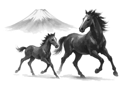 富士山と親子馬の水墨画シルエット 富士山,山,風景,景色,馬,家族,親子,筆絵,水墨画,年賀状のイラスト素材