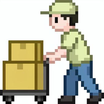 ドット絵の台車を使うベージュの作業員です ドット絵,作業員,シンプル,段ボール,台車,配送,運搬,荷物,引っ越し,倉庫のイラスト素材