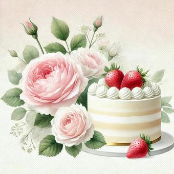 いちごのケーキと薔薇