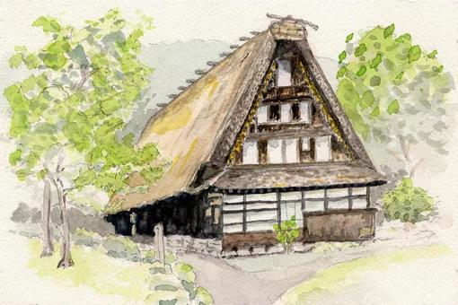 飛騨民族村にて 古民家,合掌造り,茅葺屋根,飛騨,民族村,岐阜県,水彩画のイラスト素材