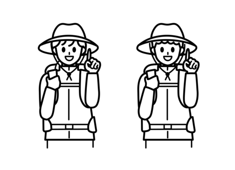 登山の恰好男女指さし　線 登山家,自然,登山,ハイキング,アウトドア,人,笑顔,男性,女性,帽子のイラスト素材