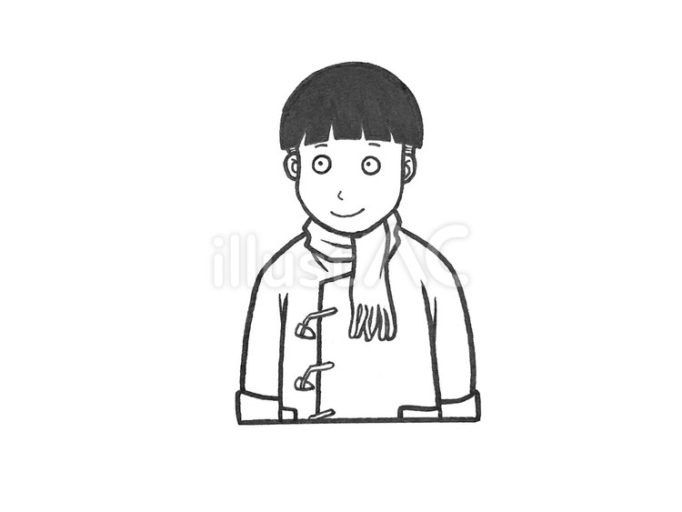 少年がコートとマフラーでしっかり冬の装い 白黒,幼児,防寒対策のイラスト素材