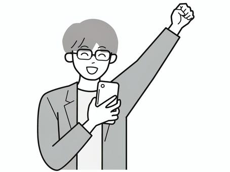 スマホと拳をあげる働く男性A/白黒 スマホと拳をあげる働く男性A/白黒 スマホ,やる気,拳,男性,お父さん,会社員,アドバイザー,20代,30代,40代のイラスト素材