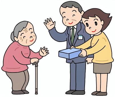 地域行政による敬老事業 高齢者支援,敬老事業,長寿祝い,福祉活動,地域福祉,自宅訪問,要介護者,役所職員,お婆さん,高齢者のイラスト素材