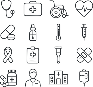 医療福祉アイコンセット／モノクロ 聴診器,救急箱,車椅子,心電図,薬,温度計,注射,リボン,松葉杖,絆創膏のイラスト素材