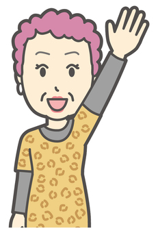  ハイっと片手を挙げているおばちゃん 挙手,おばちゃん,大阪,ヒョウ柄,おばはん,中年,女性,関西,派手,おばさんのイラスト素材