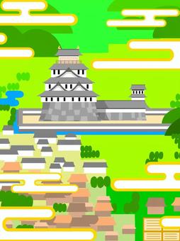 お城の有る絵地図 お城,絵地図,古城,地図,マップ,日本,江戸時代,建物,鳥瞰図,俯瞰のイラスト素材