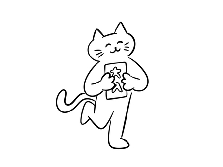 大入り袋を持つ猫（モノクロ） 猫,大入り袋,大入り,お年玉,ご祝儀,ご祝儀袋,お正月,正月,喜び,暮らしのイラスト素材