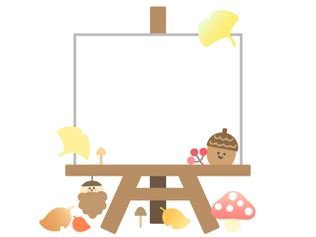 秋のイーゼルのイラスト｜テキストスペース 秋,イーゼル,テキストスペース,メッセージ,スペース,イチョウ,どんぐり,きのこ,落ち葉,紅葉のイラスト素材