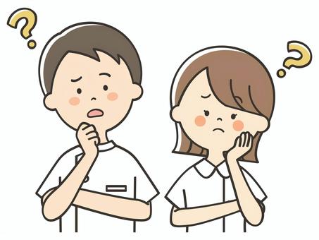 考える看護師の男女 考える看護師の男女 考える,悩む,困る,不安,わからない,はてな,迷う,疑問,質問,男性のイラスト素材
