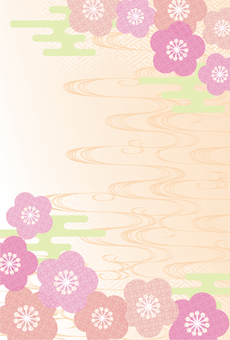 流水紋に梅柄ハガキサイズのオレンジピンク 背景,和風,和柄,梅,花柄,オレンジ,ピンク,流水紋,かすみ,紗綾形のイラスト素材