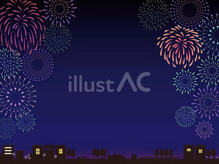 夏の背景　花火と夜の街のフレーム　6 花火,花火大会,打ち上げ花火のイラスト素材