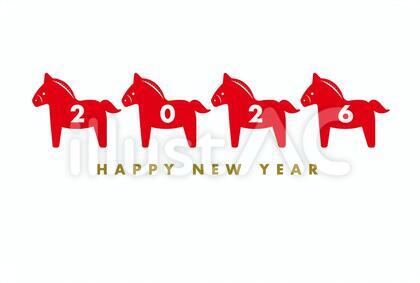 2026午年賀状テンプレ並んだ赤い馬 横