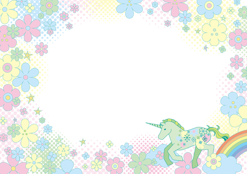 ユニコーン　エメラルドグリーン 花,フレーム,飾り枠,紫,ピンク,柄,かわいい,メルヘン,ユニコーン,一角獣のイラスト素材