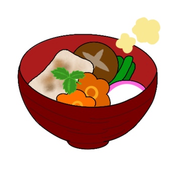 お雑煮　正月　手描き 雑煮,正月,餅,人参,しいたけ,かまぼこ,インゲン,ミツバ,あたたかい,きれいのイラスト素材