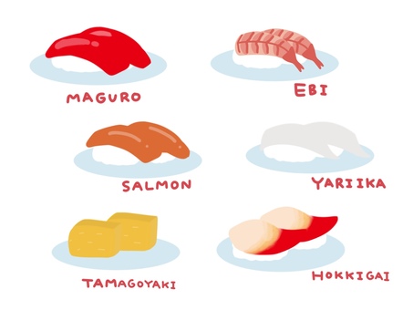 寿司　イラスト 寿司,握り寿司,ネタ,握り,シャリ,えび,サーモン,ヤリイカ,たまご焼き,ホッキ貝のイラスト素材