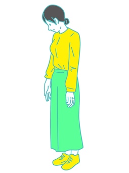 下を向く女性 女性,下,俯く,落ち込む,パンツ,ブラウス,ゆったり,スカパン,ロング,靴のイラスト素材