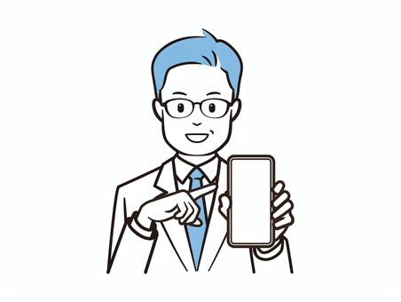 スマホを指差す笑顔の男性医者 医者,病院,クリニック,医療,白衣,ドクター,研究者,研究員,内科,外科のイラスト素材