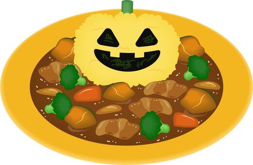 ハロウィンパンプキンカレー パンプキンカレー,ハロウィン,カレーライス,食べ物,料理,食事,かぼちゃ,カレー,ブロッコリー,にんじんのイラスト素材