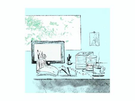 朝のデスク 朝,デスク,パソコン,窓,線画,おしゃれ,シンプルのイラスト素材