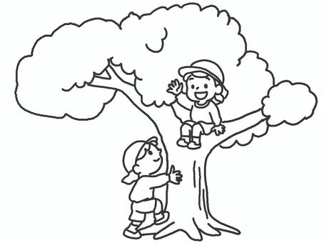 幼児の木登り遊び 幼児の木登り遊び 幼児,大きな木,自然遊び,モノクロ,帽子のイラスト素材
