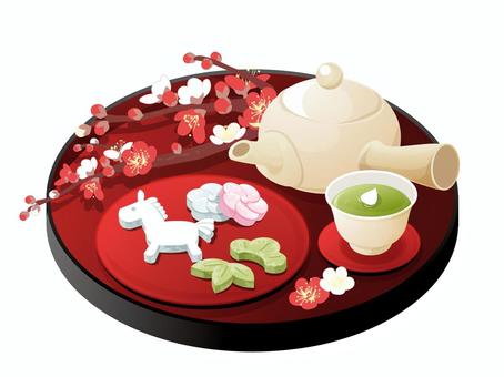 馬の落雁とお茶 落雁,緑茶,和菓子,料理,食べ物,飲み物,馬,干支,松,竹のイラスト素材