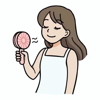 ハンドファンを持って涼む女性 ハンドファン,扇風機,携帯型,涼しい,人物,女性,熱中症対策,持つ,ノースリーブ,夏のイラスト素材