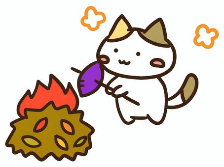秋に焚き火で焼き芋を焼くかわいい三毛猫 焚き火,焼き芋,焼く,さつまいも,焼きたて,ホクホク,熱々,ねこ,かわいい,手書きのイラスト素材