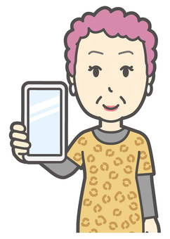  スマホ画面をこちらに見せているおばちゃん スマホ,おばちゃん,大阪,ヒョウ柄,おばはん,中年,女性,関西,派手,おばさんのイラスト素材