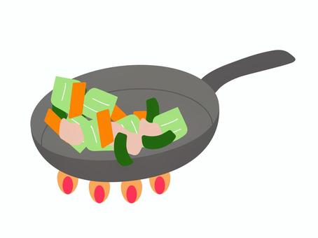 キャベツや肉の野菜炒めのイラスト 炒める,野菜,フライパン,野菜炒め,焼く,炎,コンロ,料理,中華料理,キッチンのイラスト素材