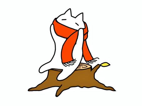 マフラーを巻く猫 猫,白猫,マフラー,寒がり,秋,冬,切り株,枯葉,暖かい,防寒のイラスト素材