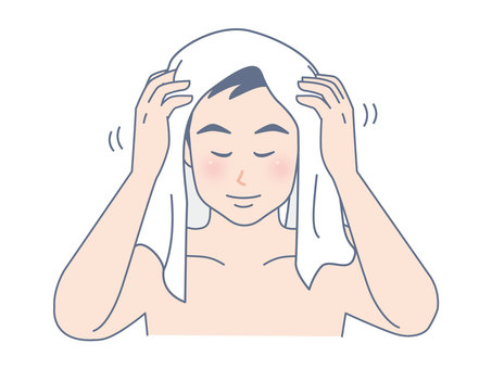タオルで頭を拭く男性 タオル,髪,ドライ,頭皮,お風呂上がり,ヘアケア,美容,メンズ,ビューティー,きれいのイラスト素材