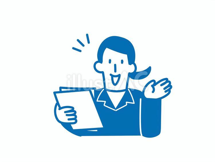 書類を持って説明する女性のゆるイラスト ビジネスマン,新社会人,新人のイラスト素材