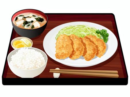 一口カツ定食2 一口カツ,定食,料理,食べ物,とんかつ,キャベツ,味噌汁,ネギ,豆腐,わかめのイラスト素材