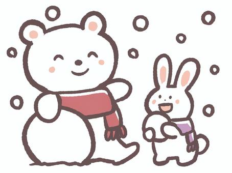 寒い冬の雪の日に雪だるま作る白熊とうさぎ 冬,12月,1月,2月,雪,寒い,雪だるま,動物,白熊,うさぎのイラスト素材