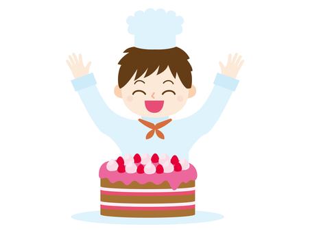 ケーキが完成して嬉しい男の子のイラスト 男の子,ケーキ,イチゴ,ストロベリーケーキ,作る,スイーツ,デザート,料理,クッキング,趣味のイラスト素材
