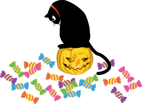 かぼちゃ黒猫  かぼちゃ黒猫  ハロウィン,顔,かぼちゃ,乗る,黒猫,毛づくろい,キャンデー,お菓子,かわいいのイラスト素材